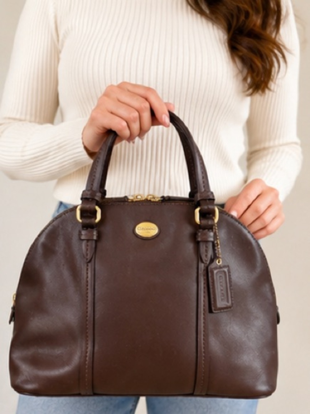 Coach Peyton Dark Brown Leather Dome Satchel with Gold Hardware